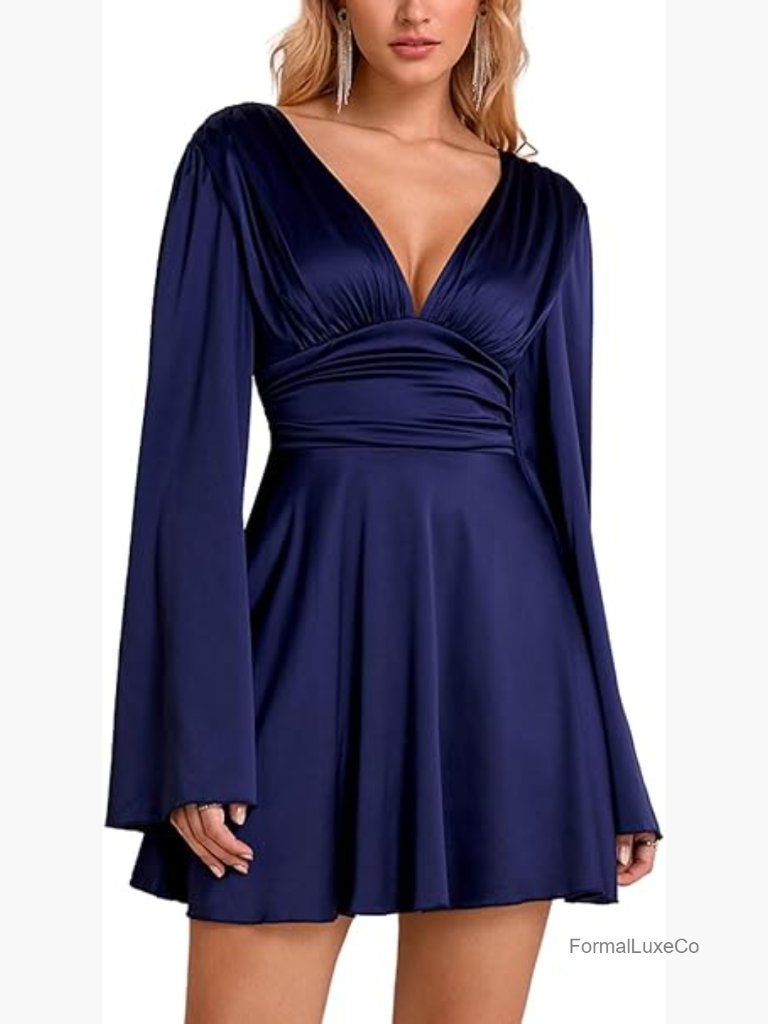 Deep V Neck Long Sleeve Mini Satin Dress Bell Sleeves A-Line Tunic